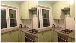 Дызайн маленькай кухні з халадзільнікам ля акна