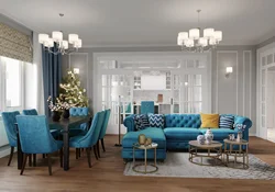 Modern living room design in blue tones