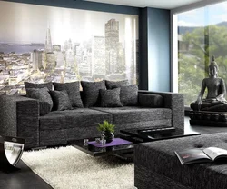 Graphite sofa in the living room interior photo