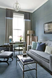 Gray curtains in the interior of the living room with gray furniture photo