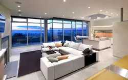 Кухня гостиная с панорамными окнами в доме дизайн фото