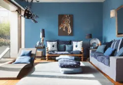 Blue walls in the living room interior