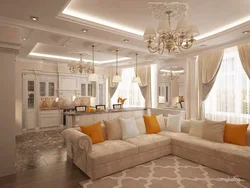 Interior of a combined kitchen-living room in light colors