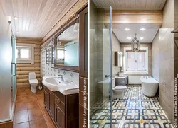 Interior Of A Bathroom With Shower In A Wooden House