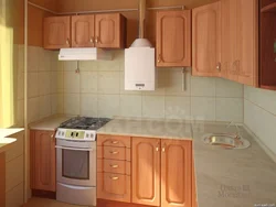 Kitchens in Khrushchev with a gas water heater and a refrigerator design 5