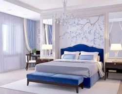 Бежево синий интерьер спальни