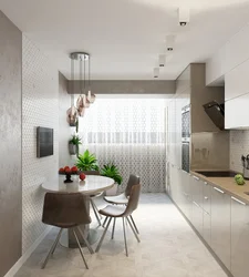 Interior of a rectangular kitchen with a balcony