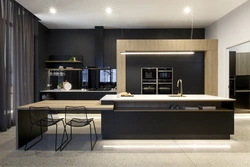 Kitchen living room interior in black tones