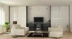 Living room interior with a full-wall closet