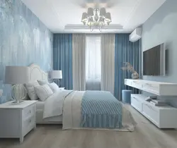 Blue wallpaper in the bedroom interior what kind of curtains