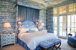 Blue wallpaper in the bedroom interior what kind of curtains