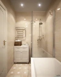 Ашық түсті душпен ванна бөлмесінің дизайны