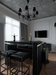 Black kitchen in the living room interior
