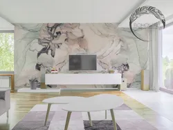 Marble effect wallpaper for walls in the living room interior