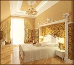 Золотистый цвет в интерьере спальни