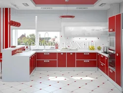 Red and white kitchen in the interior