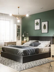 Green bed in bedroom interior photo design