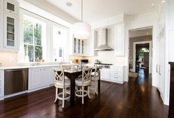 Dark brown floor in the kitchen interior