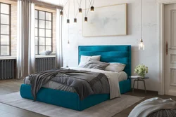 Blue bed in the bedroom interior