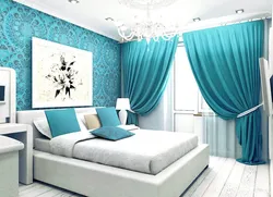 Bedroom with turquoise bed photo