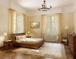 Фото дизайн спальни с двумя окнами