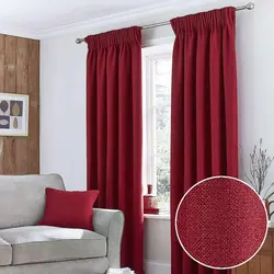 Living room with red curtains photo