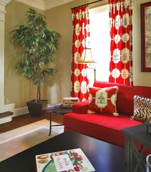 Living room with red curtains photo