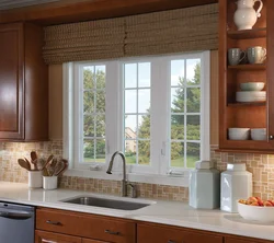 Kitchen design with a window in the middle of the wall