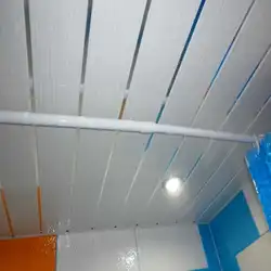 Ванна бөлмесінің фотосуретінде пВХ панельдерінен жасалған төбе