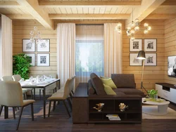 Living room design for a wooden house made of timber