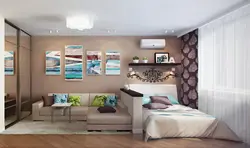 Design of bedroom and living room in one 14 sq.m.