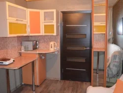 Dorm room design with kitchen and hallway