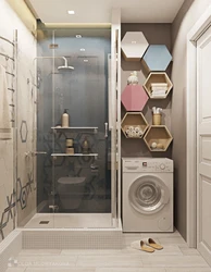 Bathroom interior with shower and toilet, washing machine