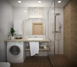 Bathroom interior with shower and toilet, washing machine