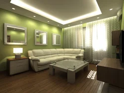 Интерьер гостиной с зеленом потолком