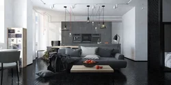 Dark Gray Kitchen Living Room Interior