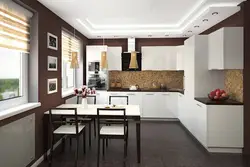 Interior white kitchen brown floor
