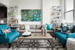 Turquoise sofa in the living room interior