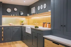 Kitchen design in gray tones with wood