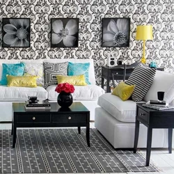 Combination of white wallpaper in the living room interior