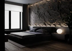 Bedroom interior with stone on the wall