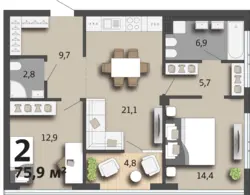 Euro three-room apartment design with kitchen living room