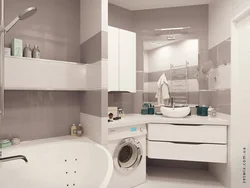 Интерьер ванной комнаты с ванной без унитаза со стиральной машиной