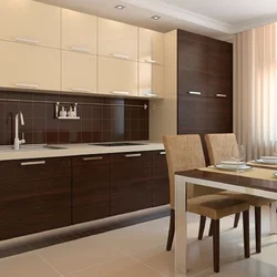 In The Interior, A Beige And Brown Kitchen Is Combined With