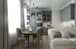 Кухня гостиная в светло серых тонах дизайн