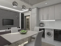 Кухня гостиная в светло серых тонах дизайн