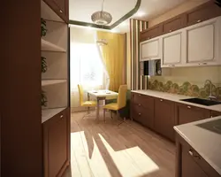 Rectangular kitchen design with sofa and balcony