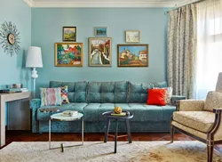 What colors goes with blue in the living room interior photo