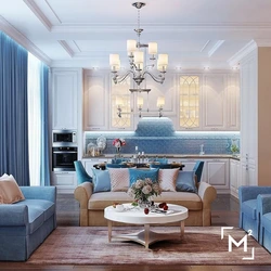 Beige blue living room interior