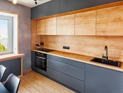 Gray kitchen with wood-look countertop photo